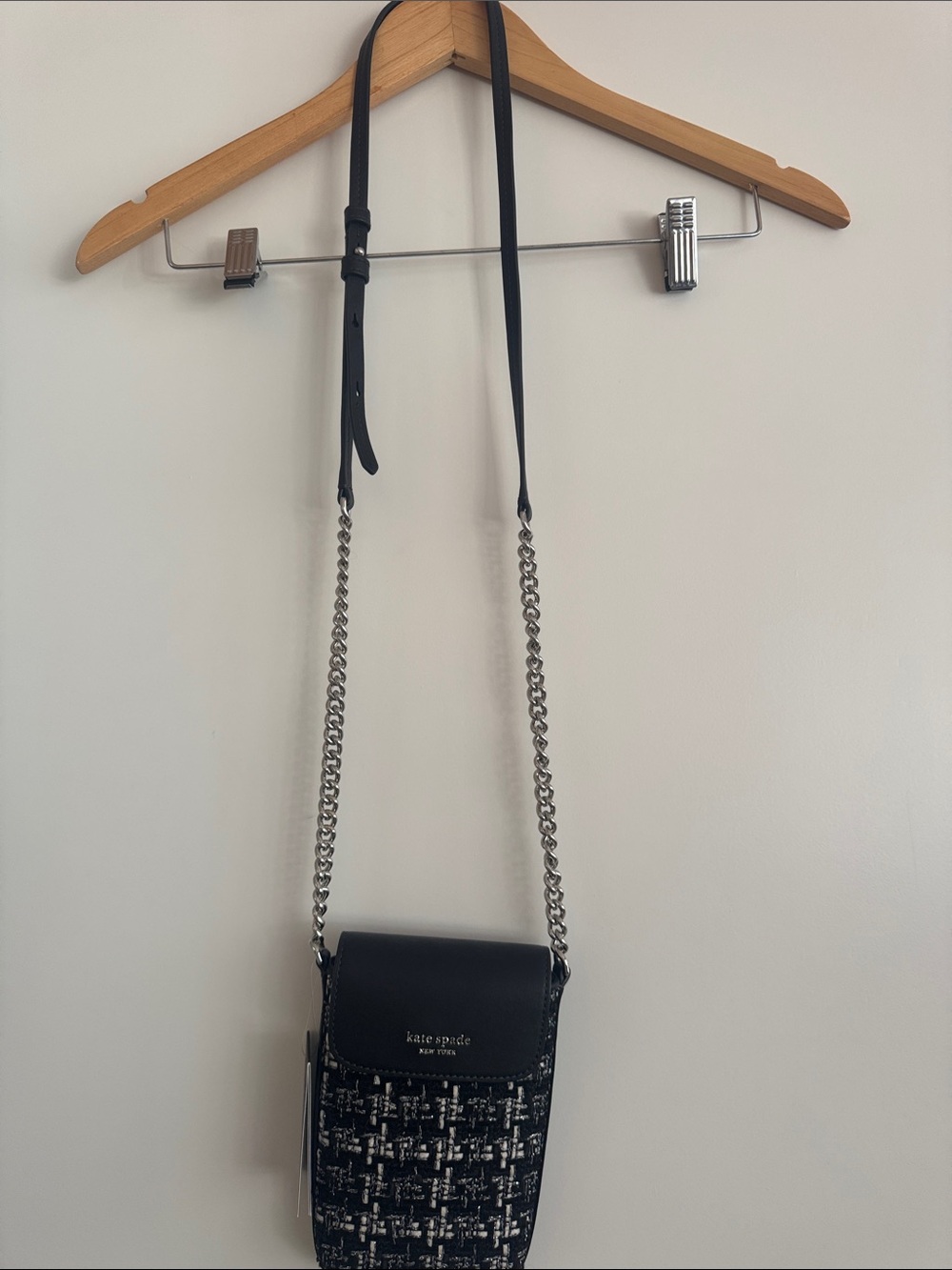 kate spade Black Tweed Chain-Strap Crossbody Phone Bag